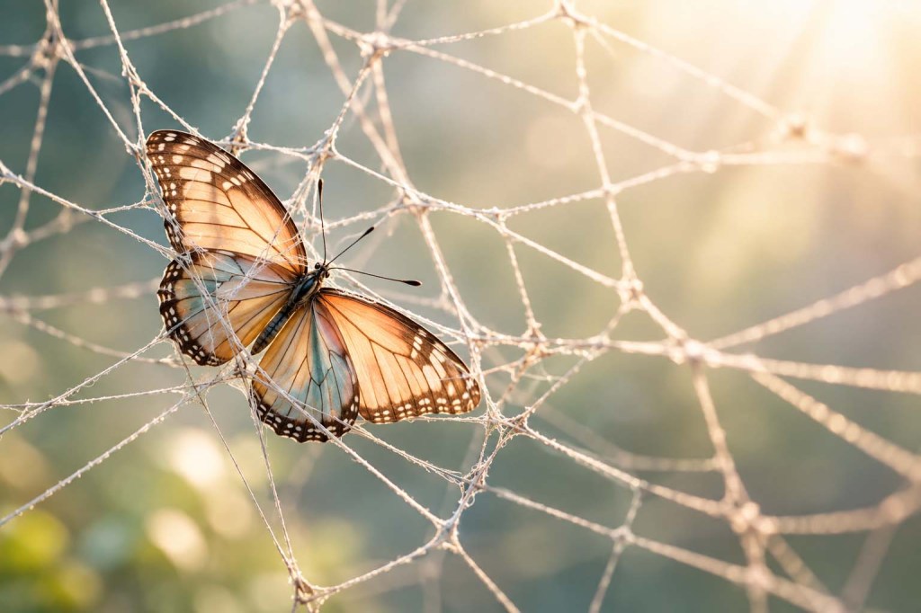 A softly lit butterfly rests within a delicate web of intersecting threads against a warm, blurred background. The image symbolizes becoming entangled in a complicated network of information, alliances, and conflict while still conveying hope, vulnerability, and the possibility of breaking free.