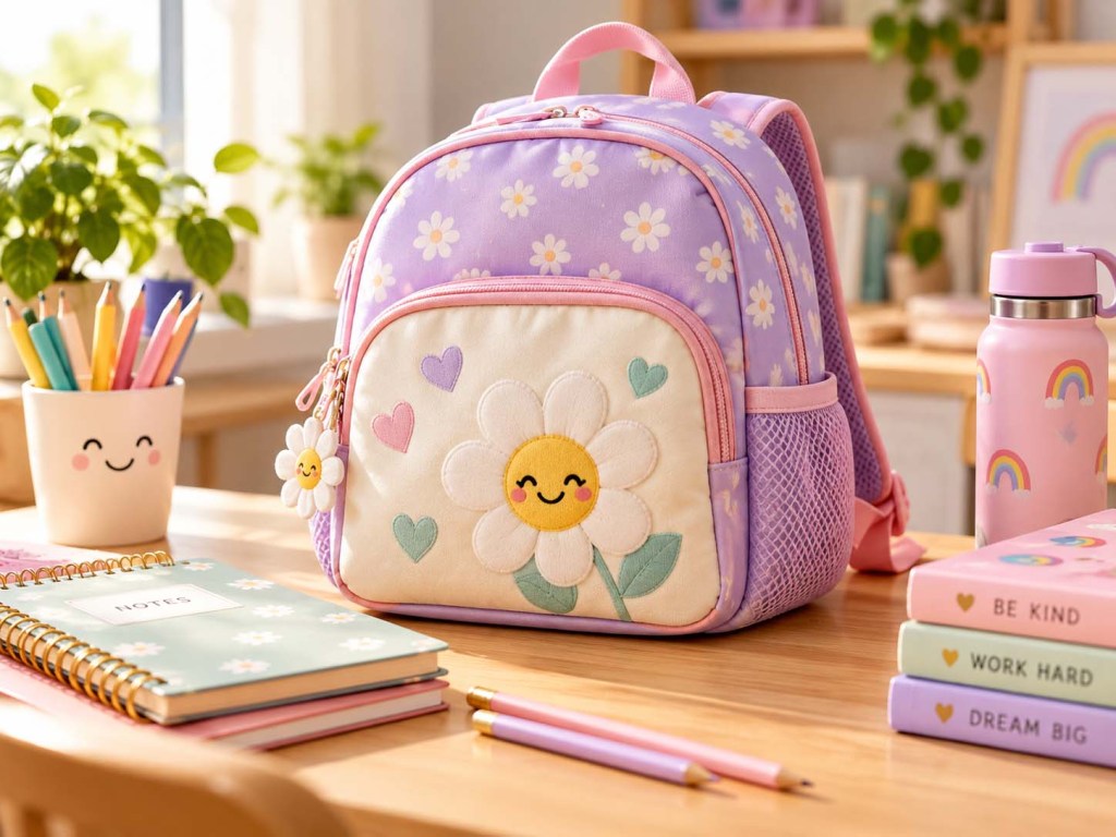 A cheerful pastel school backpack sits on a wooden table surrounded by notebooks, pencils, and other classroom supplies in a bright school setting. The image represents childhood, education, and the importance of protecting children from adult conflict so school can remain a safe and neutral environment.