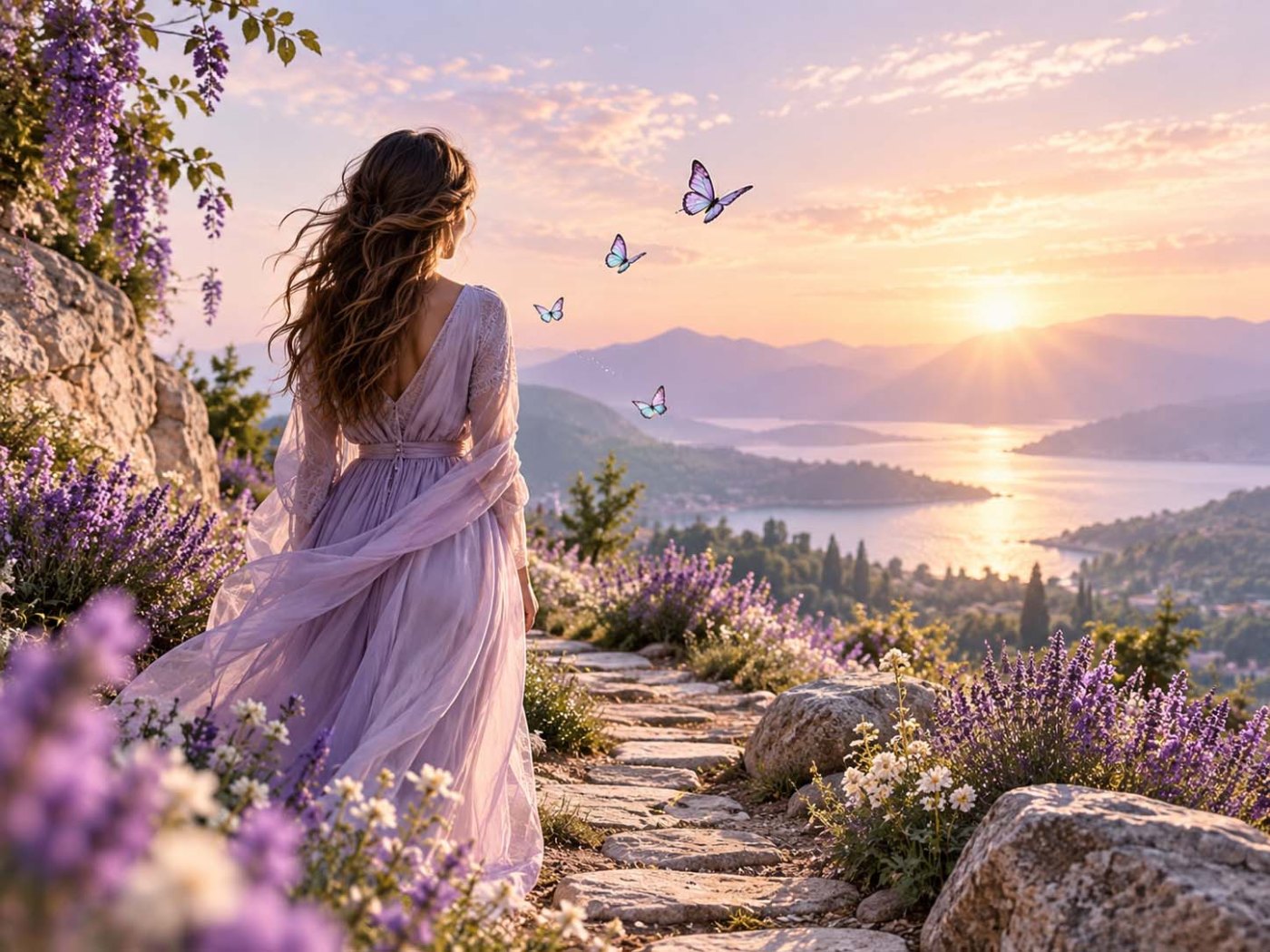 Woman walking along a lavender flower path toward a glowing sunrise, surrounded by butterflies, symbolizing healing, hope, and finding your way back to yourself.