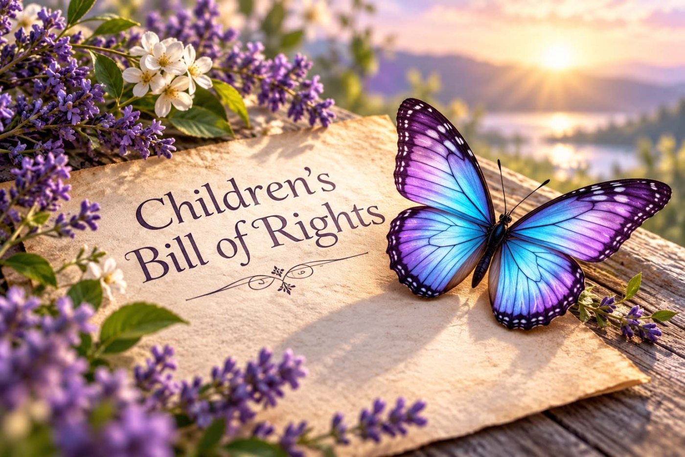 Children’s Bill of Rights displayed on parchment beside a blue and purple butterfly, surrounded by lavender flowers in warm sunset light.
