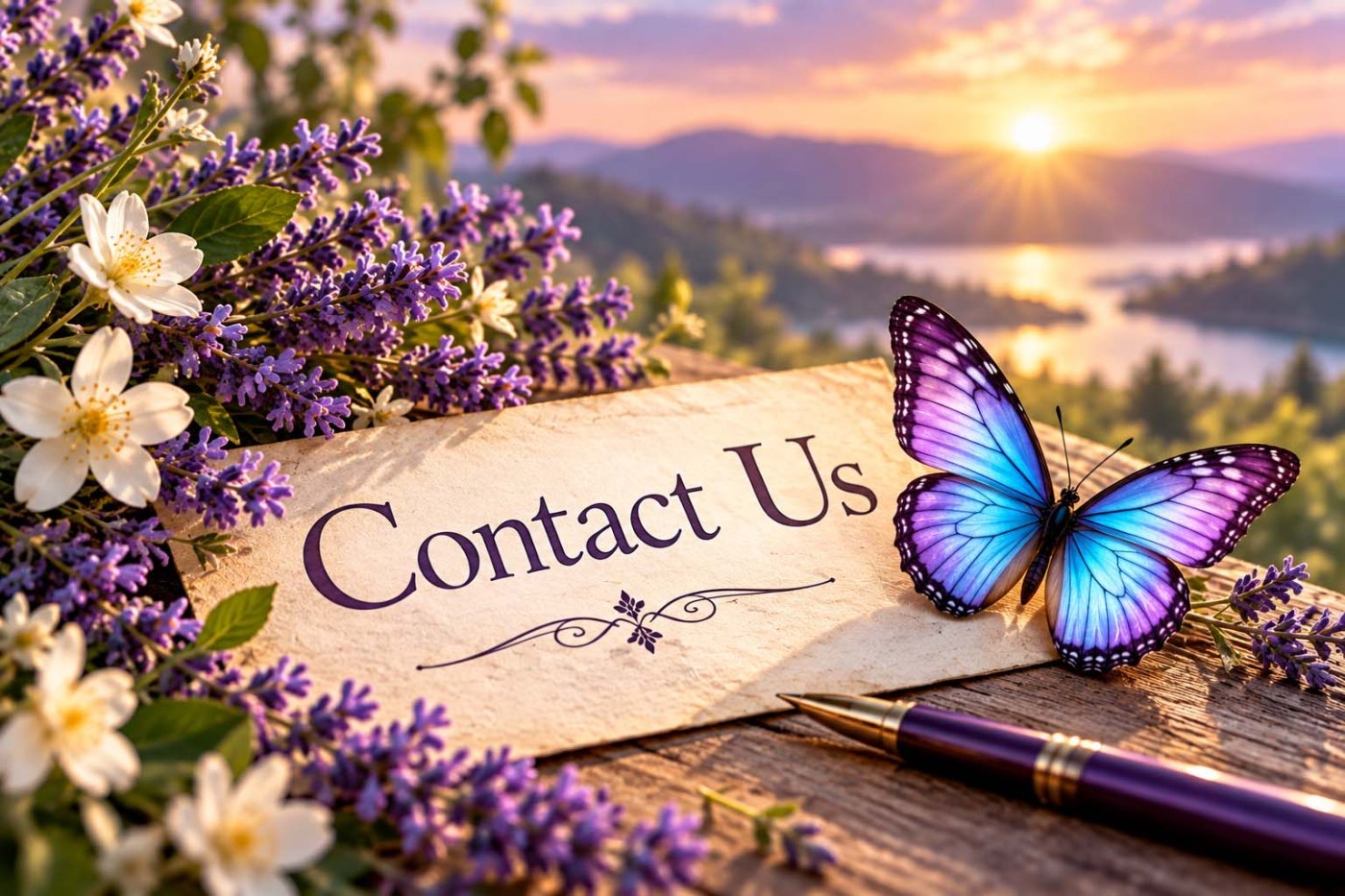 Contact Us card on parchment beside a blue and purple butterfly, surrounded by lavender and white flowers at sunset.