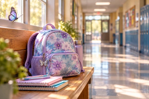 Child’s floral backpack and school supplies on a bench in a quiet, sunlit school hallway.
