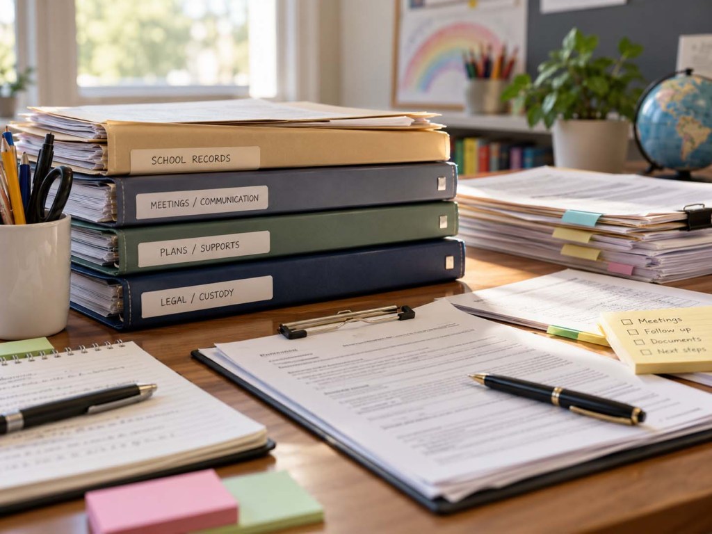 A desk covered with school records, binders, custody-related paperwork, meeting notes, and organized documents. The image represents the extensive documentation, complaints, legal concerns, and school communication involved when high-conflict parenting issues spill into a child’s education.